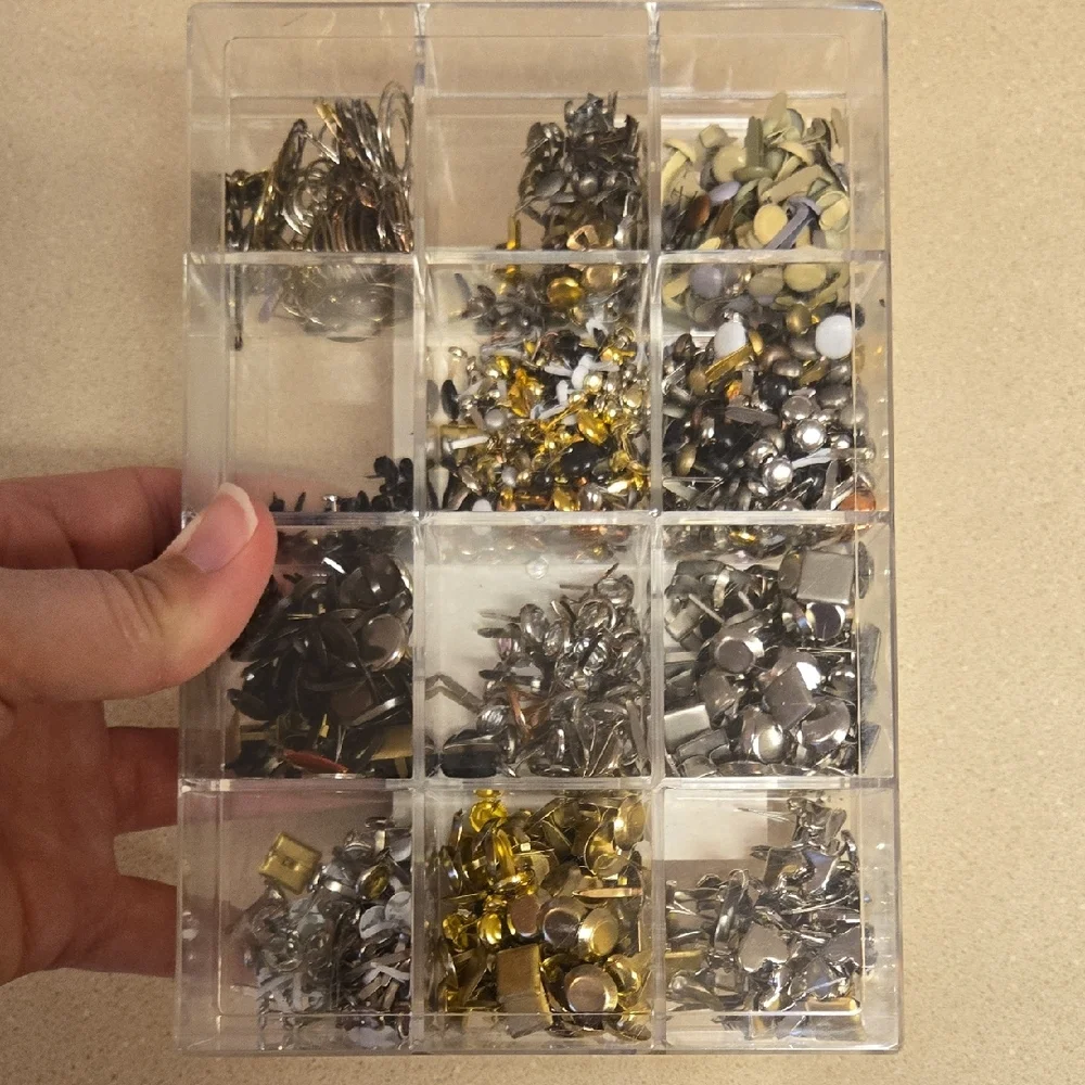 Assorted Metal Fasteners in Organizer Box For Crafts Scrapbooking